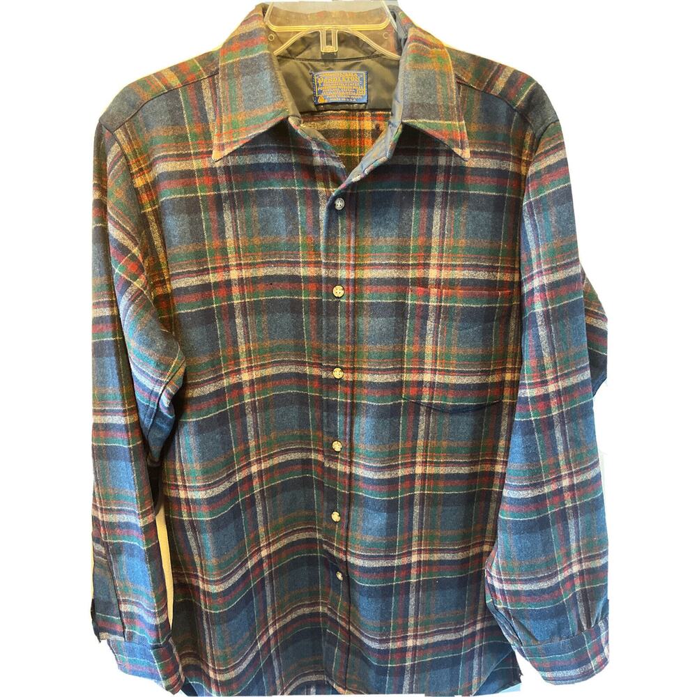 Pendleton Men’s M Blue Green Plaid Long Sleeve Button Down Wool flannel Shirt